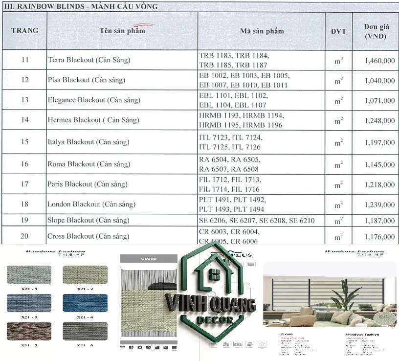 Bảng báo giá rèm cầu vồng 