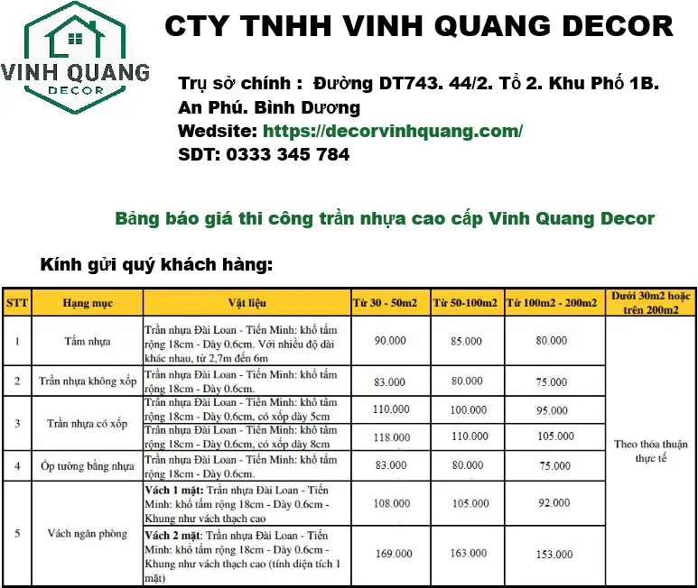 Bảng báo giá thi công trần nhựa Vinh Quang Decor