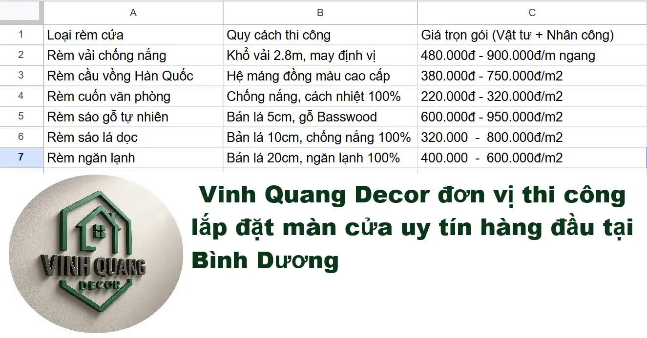 Bảng giá lắp đặt rèm cửa tại Bình Dương