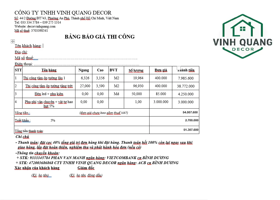 Bảng giá thi công tấm ốp tường tại Vinh Quang Decor