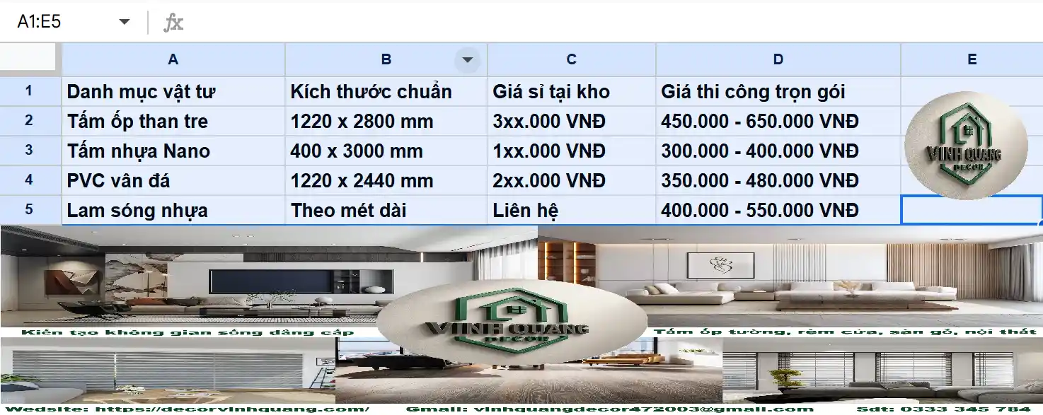 Bảng giá vật tư tấm ốp sợi than tre·