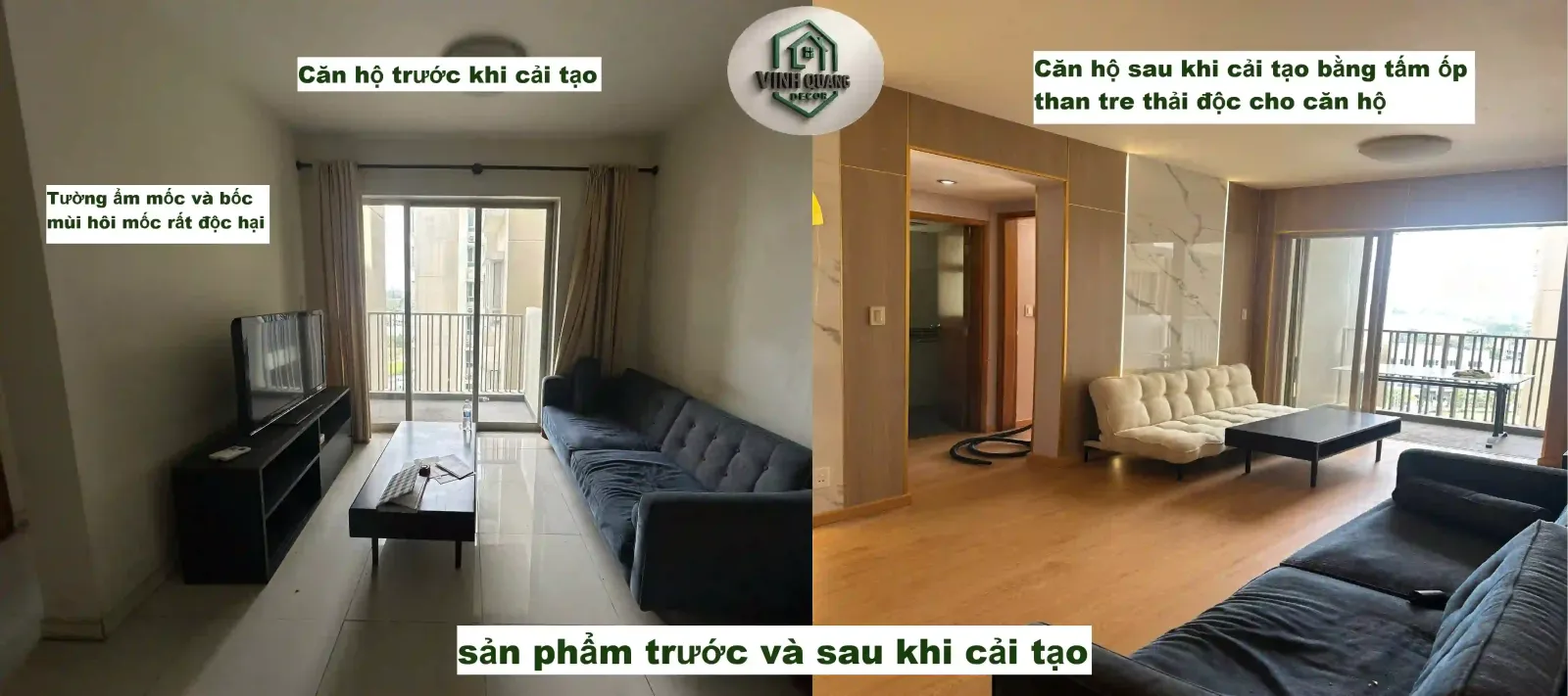 Sự khác biết trước và sau khi cải tạo tường ẩm mốc