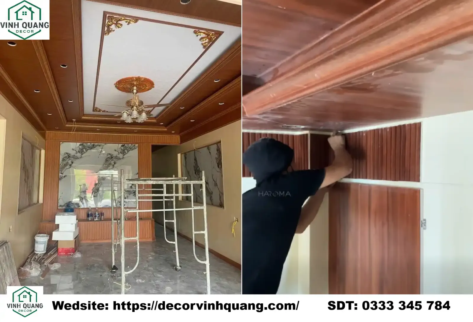 Đội ngũ thợ Vinh Quang Decor đang thi công tấm ốp tường tại Thuận An